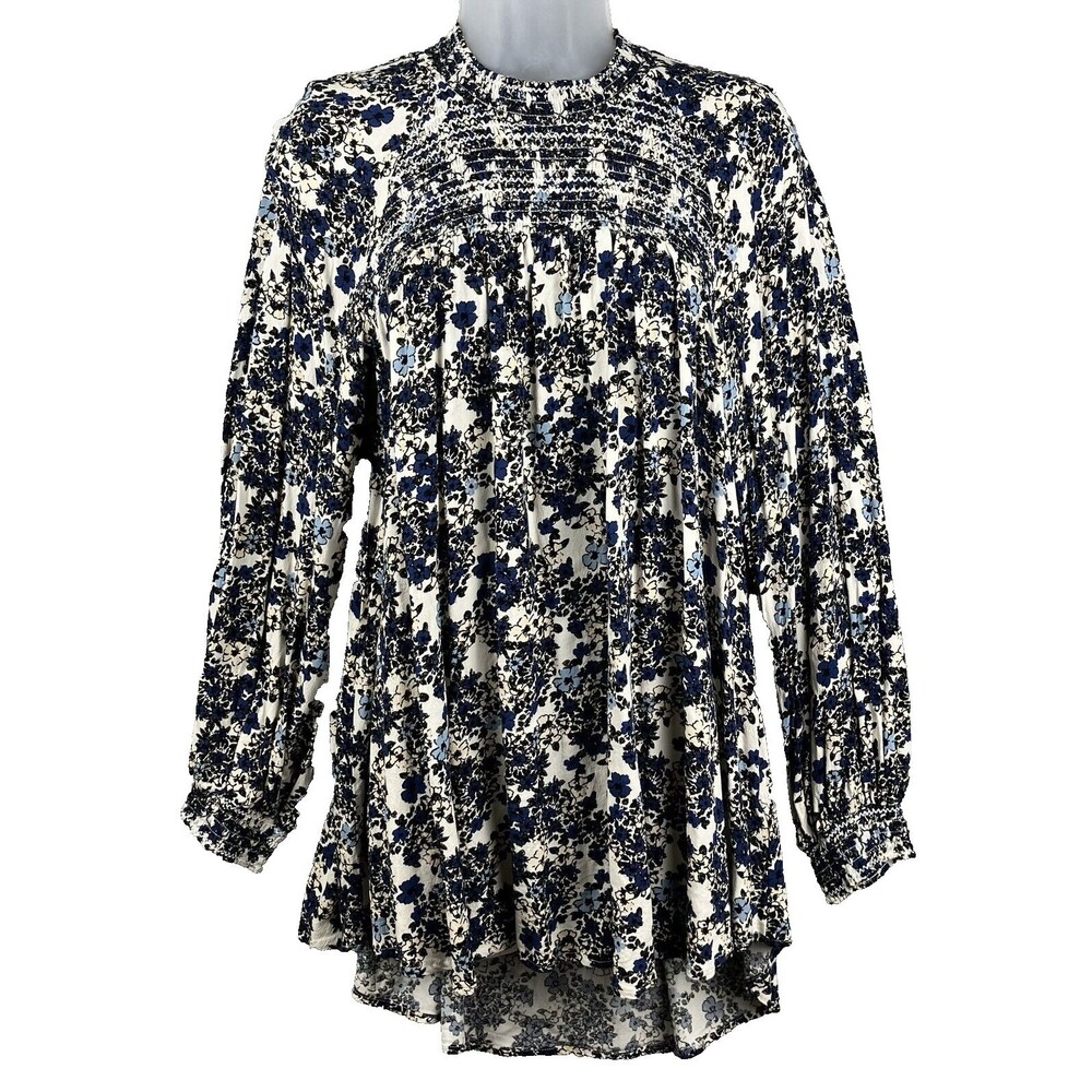 Free People Blouse Top Womens S Peasant Smocked Floral Dark Romantic Feminine